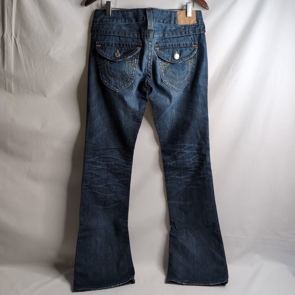 True Religion Y2K Women's Blue Denim Jeans Distressed Bootcut/Stitching, Size 28